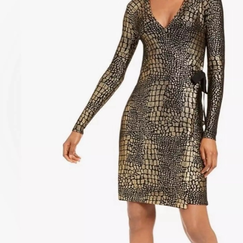 NEW WITH TAGS INC Metallic Gold Black Faux Wrap Dress / snake print Size SMALL